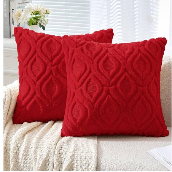 Red Throw Pillow Covers 18x18 in Soft Winter Plush Faux Wool Couch Pillow Covers - Picture 1 of 3